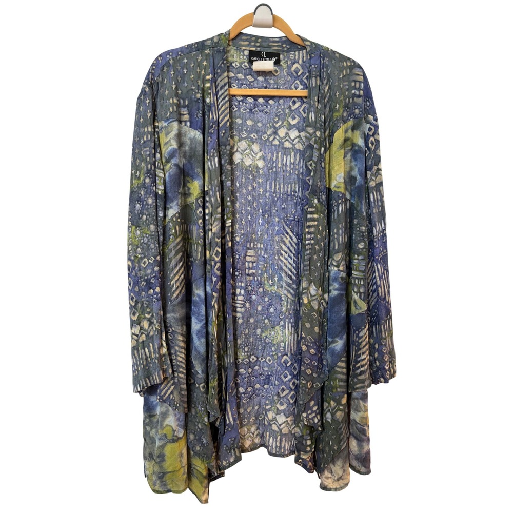 Carole Little Womens Blue Batik Print Rayon Open Front Duster Cardigan Size 16